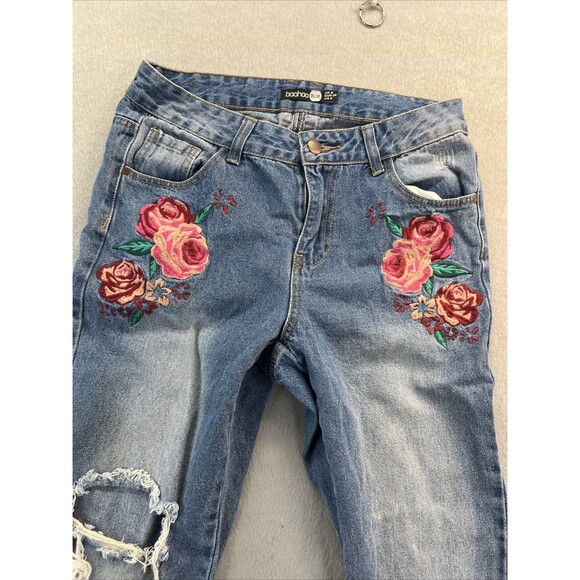 Boohoo Rose Flower Embroidered Light Wash Jeans Ripped High Waisted Size 4 - Picture 7 of 12